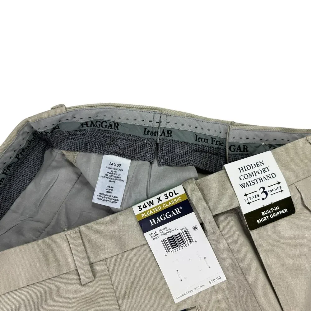 Haggar Mens Premium Iron Free Classic Fit Pleated Dress Pants Sand Beige 34x30